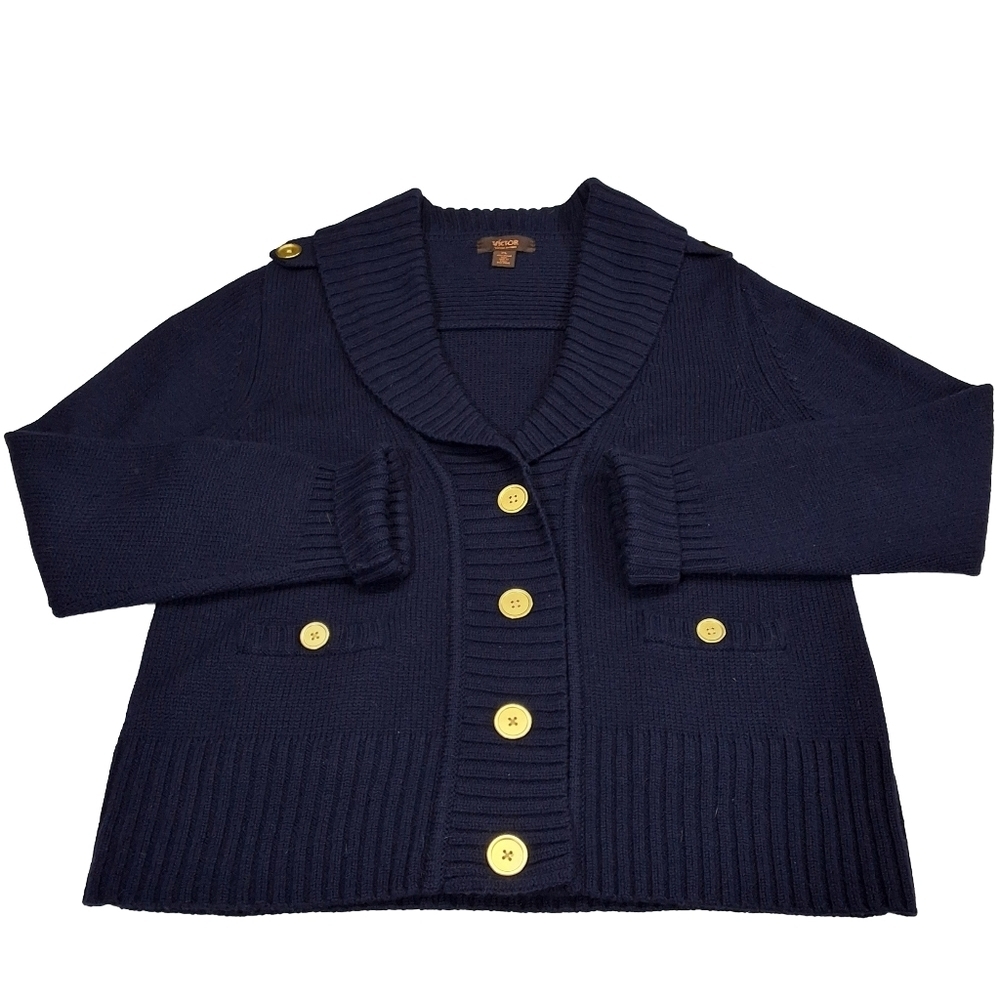 Victor Alfaro~Women Wool Chunky Cowl Neck Cardigan~Navy Nautical~LagenLook~ XL - Picture 2 of 8